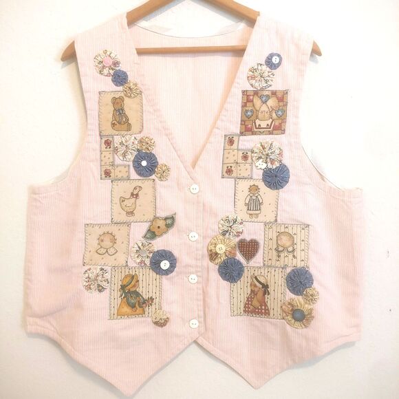 Vintage Jackets & Blazers - VTG Handmade Vest Country Farm Animals  Button Patchwork Applique Cottagecore